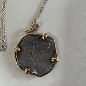 Spanish doubloon mounted in 14k gold on silver chain